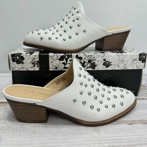 Chinese Laundry Cooper Tumbled White Leather Studded Stacked Heel Mules NEW